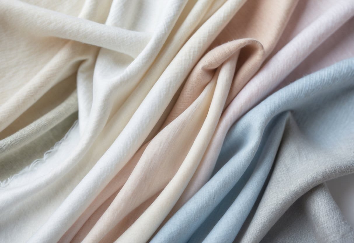 A collection of 29 light wool crepe fabric samples in soft pastel colors arranged neatly on a neutral background.