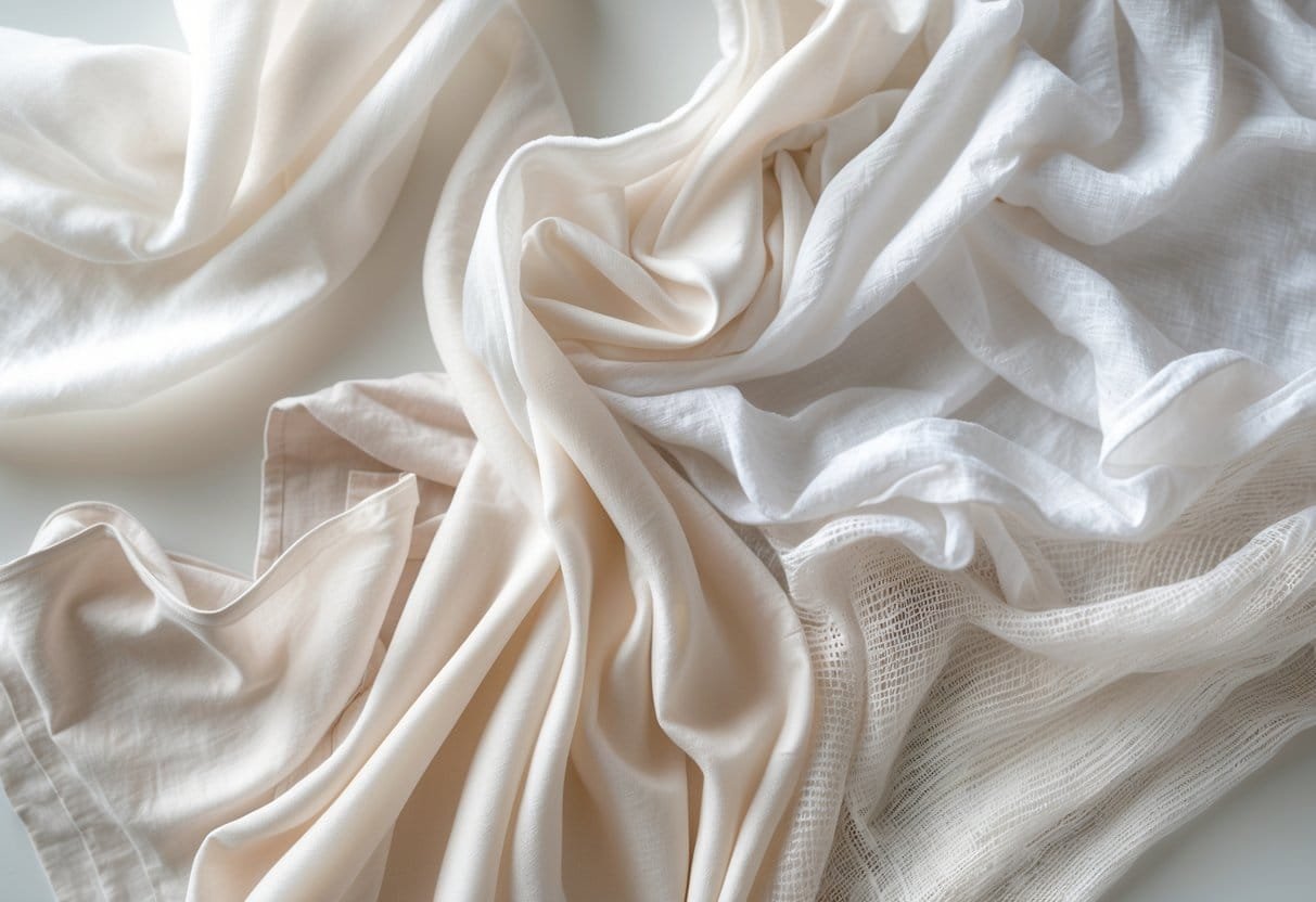 A collection of various lightweight fabrics arranged in soft folds on a neutral background.