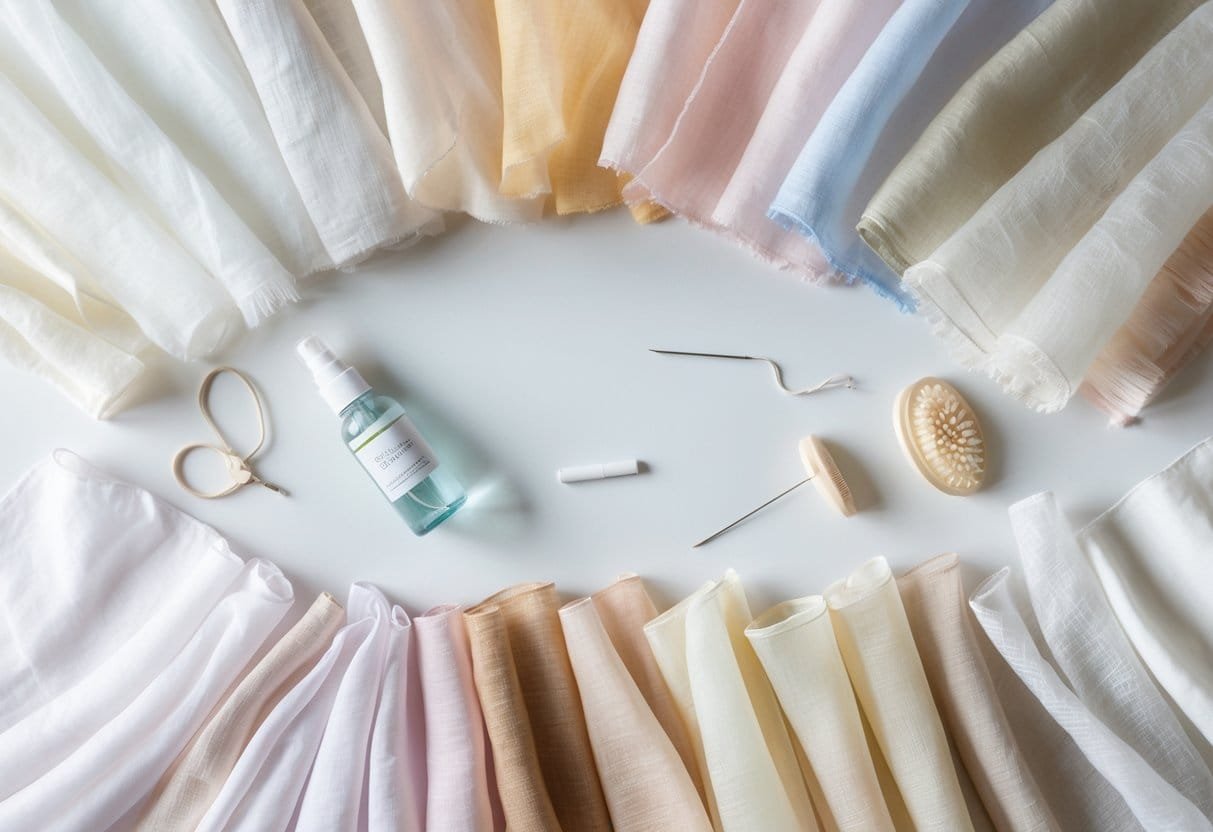 A flat lay of various lightweight fabric swatches arranged with fabric care tools on a white surface.