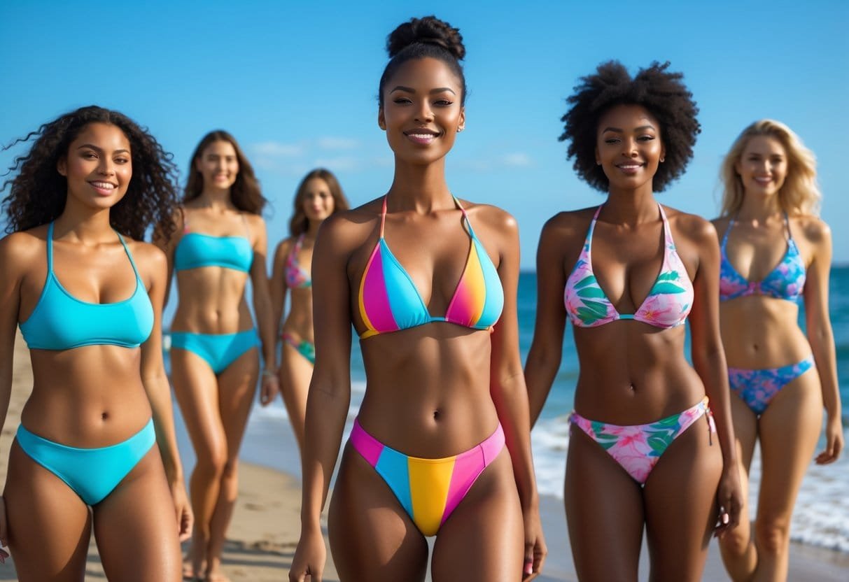 A group of women wearing different swimsuits including a triangle bikini and tankini standing on a sunny beach near the water.