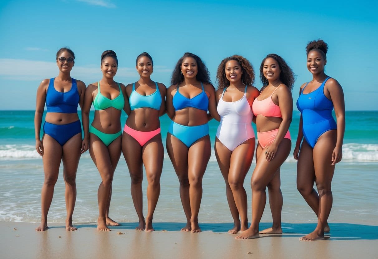 A group of women wearing different types of swimsuits standing on a sunny beach with ocean waves in the background.