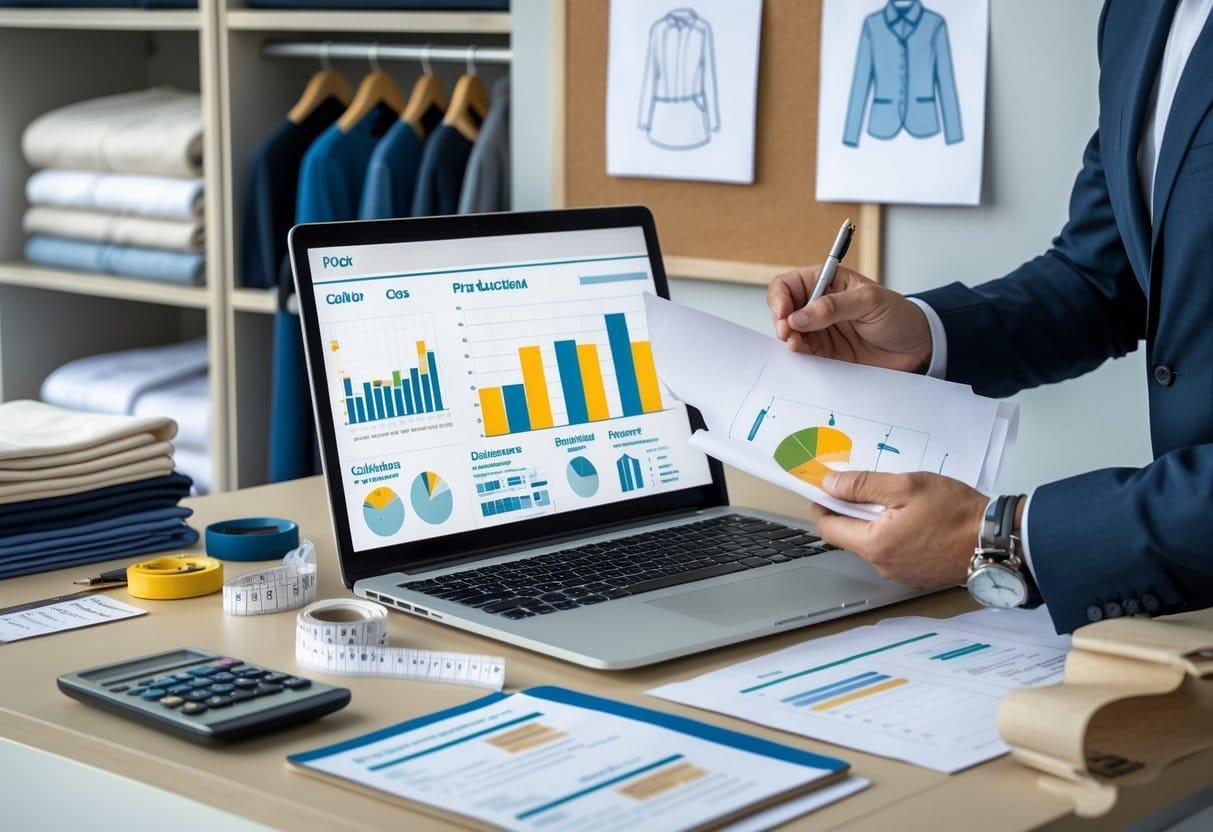 A person at a desk reviewing documents and financial charts with fabric samples and sewing tools nearby, in a clothing business workspace.