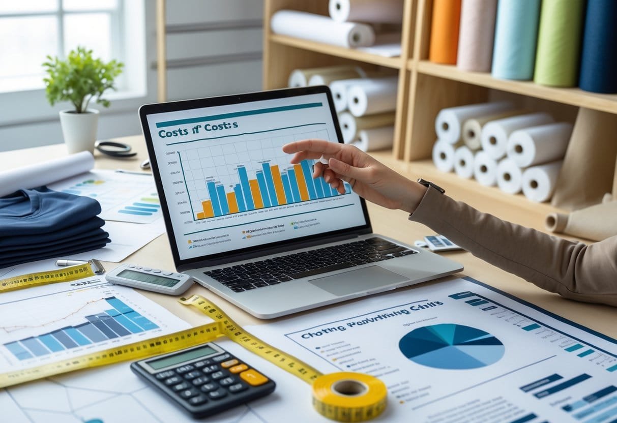 A person reviewing charts and clothing samples at a desk surrounded by fabric swatches, sewing tools, and a calculator in a clothing manufacturing workspace.