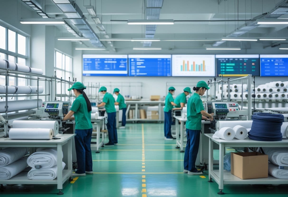 Workers in a clothing factory operating sewing machines and inspecting garments in an organized manufacturing facility.