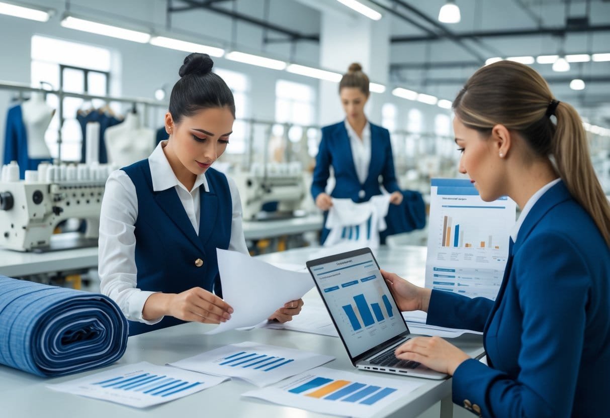A quality control inspector and manager reviewing fabric samples and cost data in a clothing manufacturing factory.
