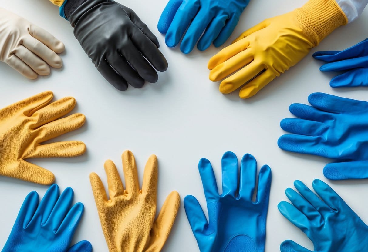 A variety of gloves including medical, work, leather, winter, gardening, and disposable gloves arranged on a white surface.
