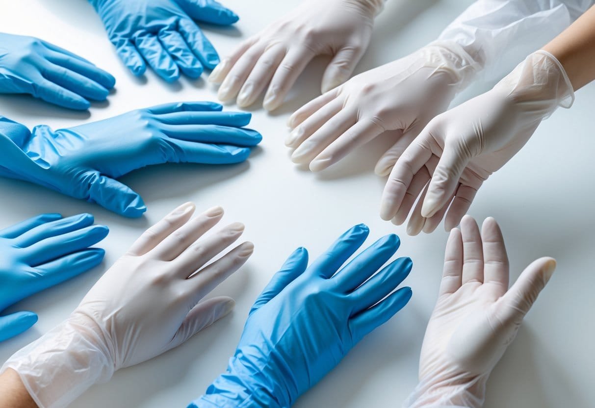 Several pairs of latex gloves in different colors displayed on a white surface, with some worn on hands to show their fit.