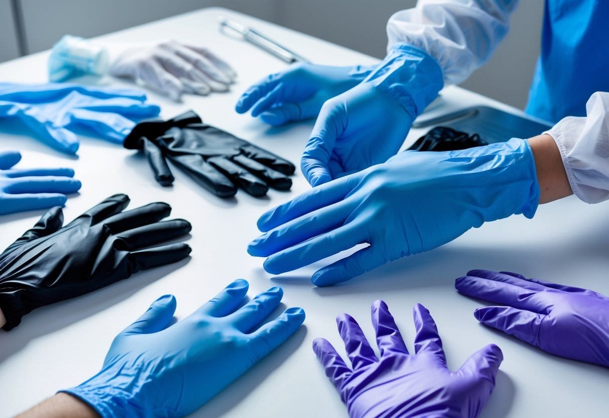 Various nitrile gloves in different colors displayed on a white surface, some worn on hands performing tasks.