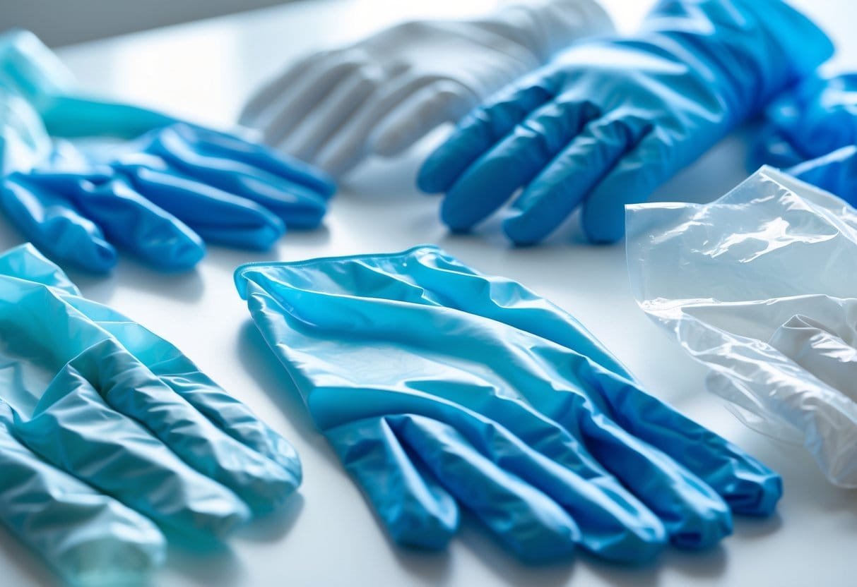 Several pairs of vinyl gloves in different sizes and shades arranged on a white surface.