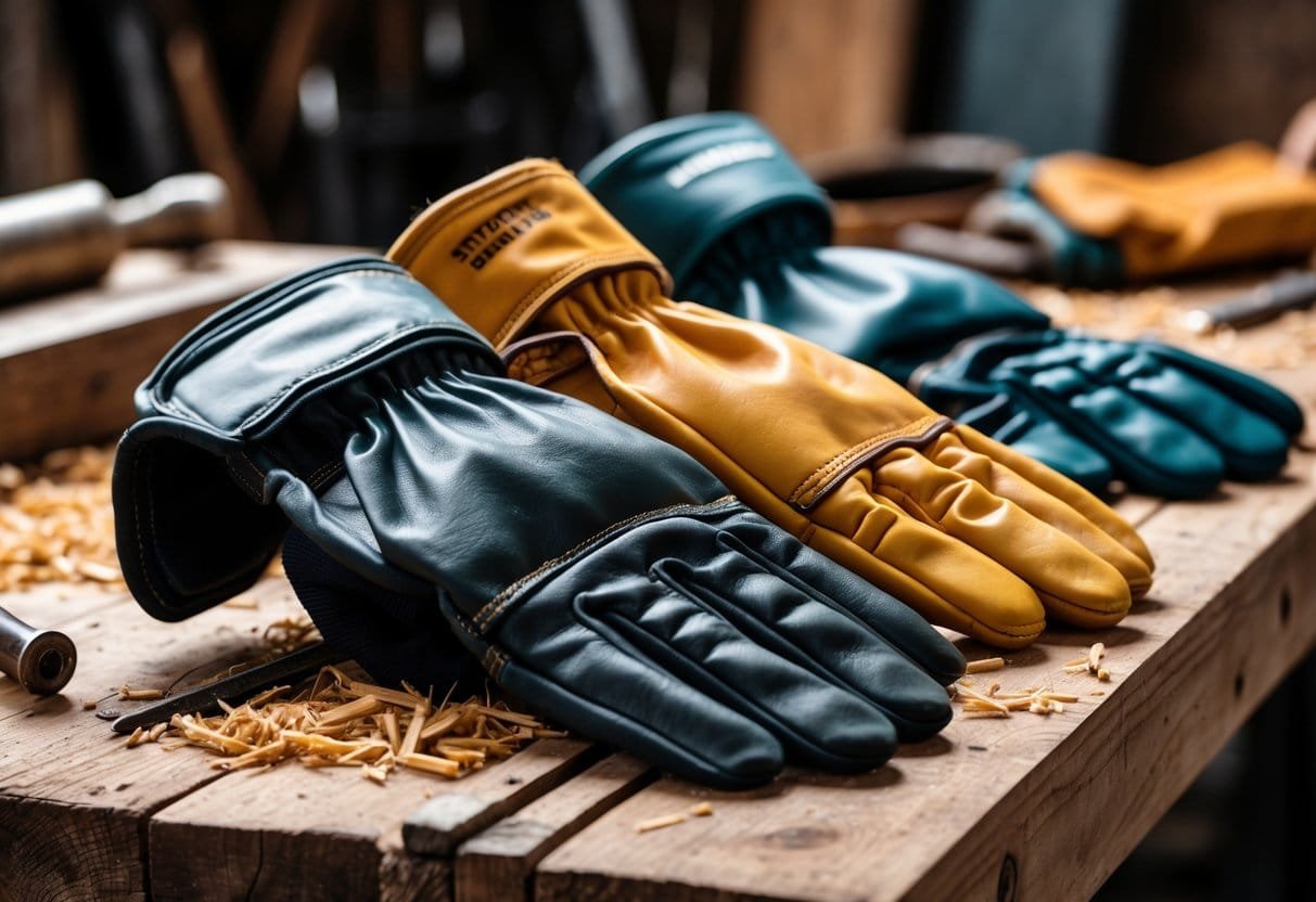 A collection of different types of leather work gloves arranged on a wooden workbench with blurred workshop tools in the background.