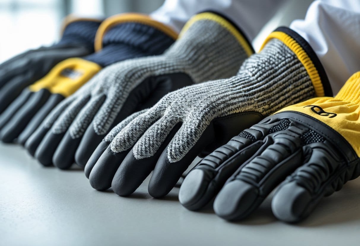 A variety of cut-resistant gloves displayed on a light surface, showing different materials and designs for hand protection.