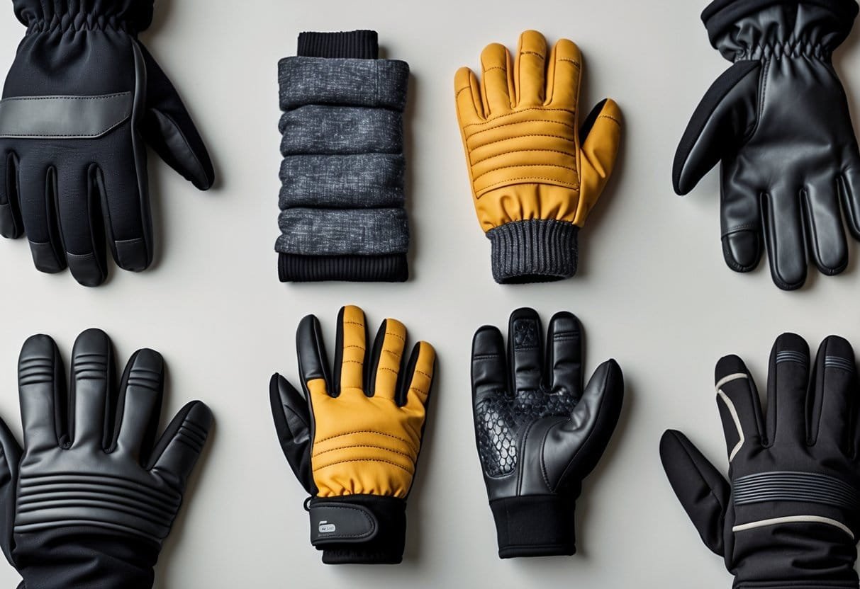 A collection of different types of thermal insulated gloves arranged on a plain surface, showing various styles and materials designed for cold weather protection.