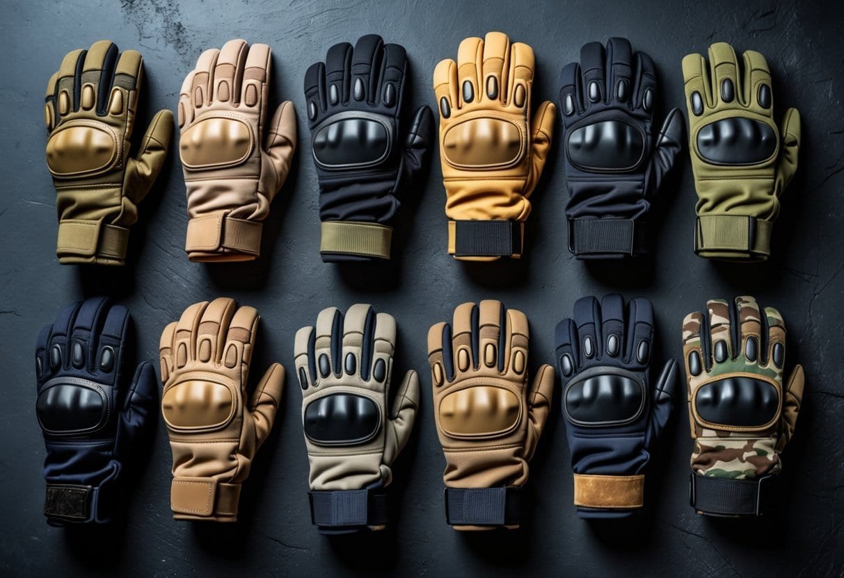 A variety of tactical gloves displayed on a dark surface, showing different styles and materials.