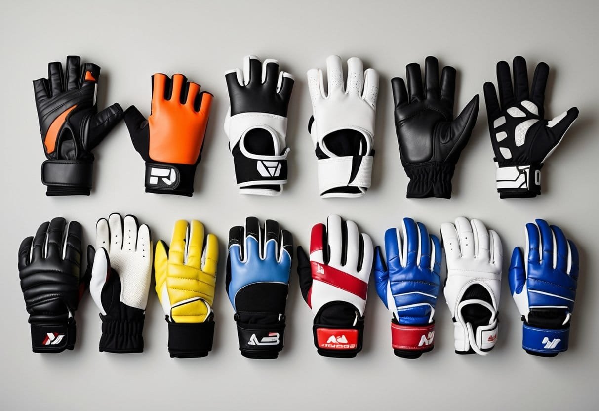 A collection of different sports gloves including boxing, cycling, golf, baseball, and weightlifting gloves arranged on a neutral background.