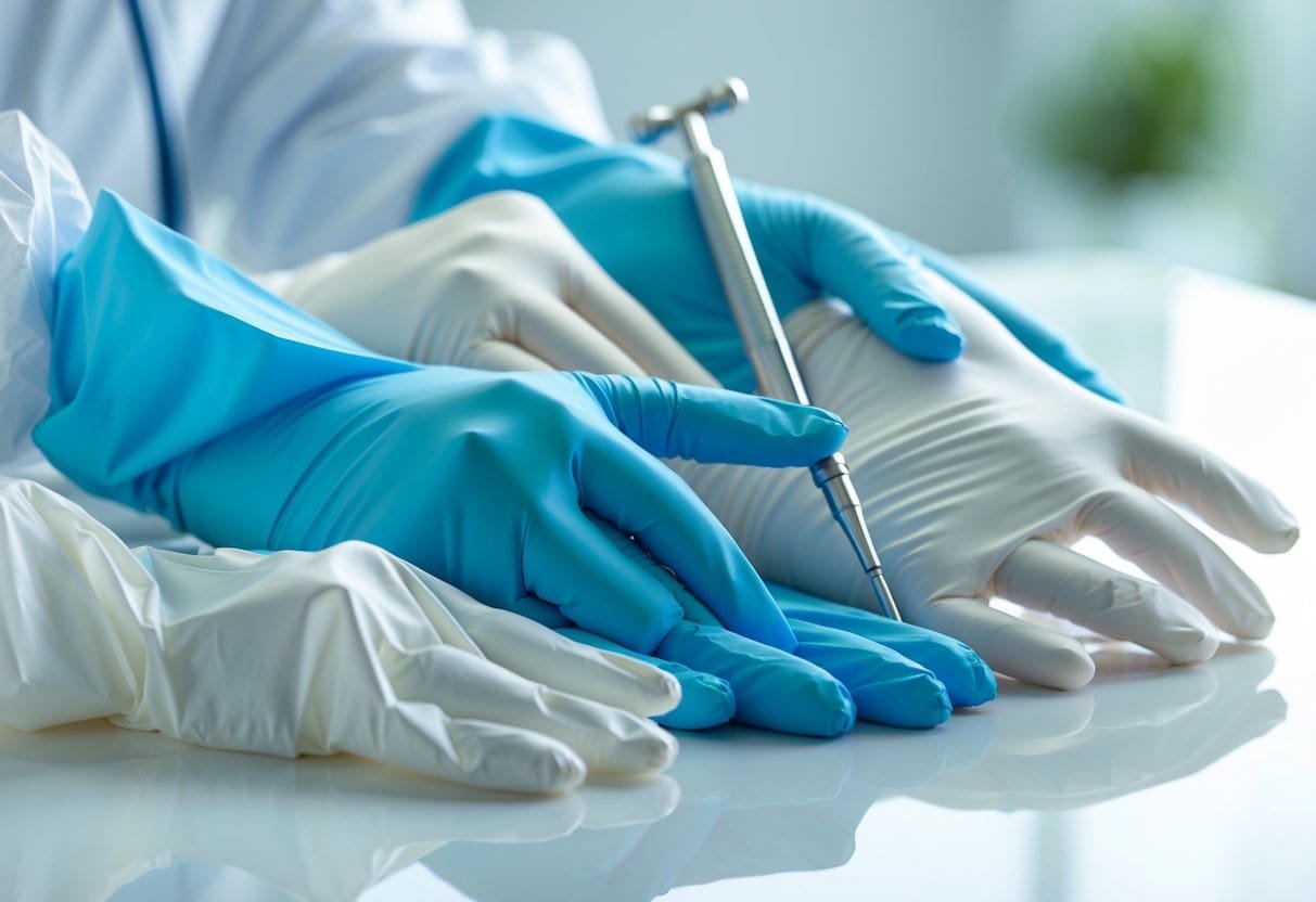 Various types of medical examination gloves displayed on a white surface with a pair of gloved hands holding a medical instrument.