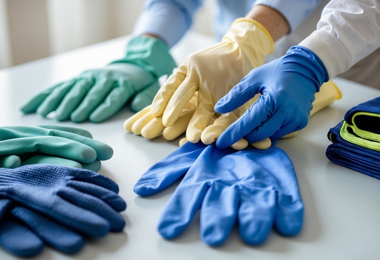 A variety of different gloves arranged on a table with a hand reaching to pick one up.