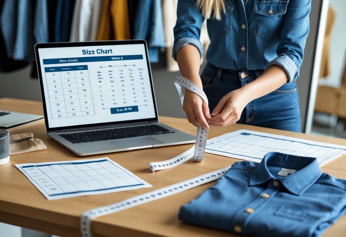 A person measuring their arm with a tape measure while looking at size charts and a garment on a desk.