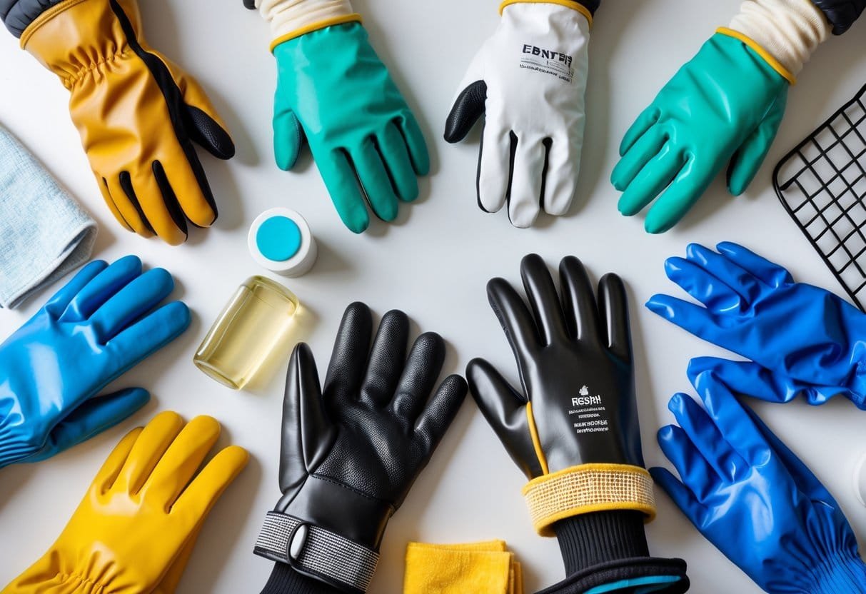 A variety of gloves including leather, rubber, latex, and insulated gloves arranged with cleaning and maintenance supplies on a white surface.