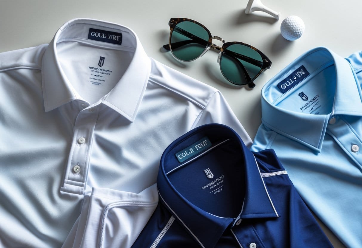 Flat lay of different golf shirts made from various fabrics with golf accessories on a neutral background.