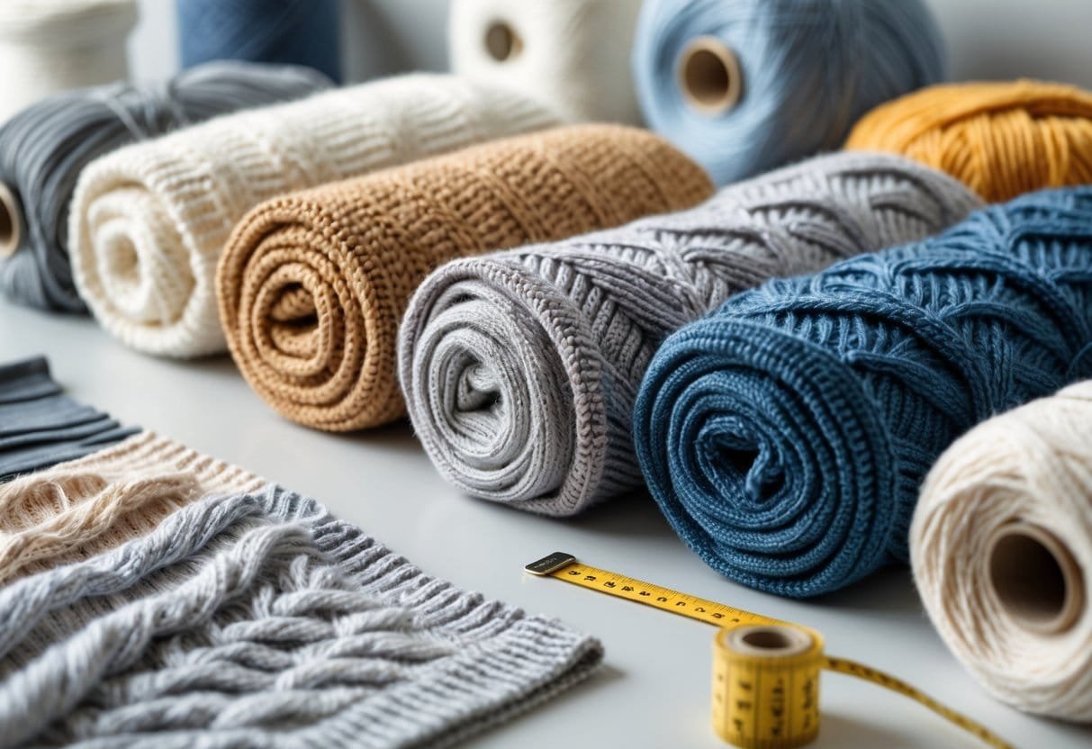 Close-up view of various knitted fabrics showing different textures and colors arranged on a surface with sewing tools nearby.