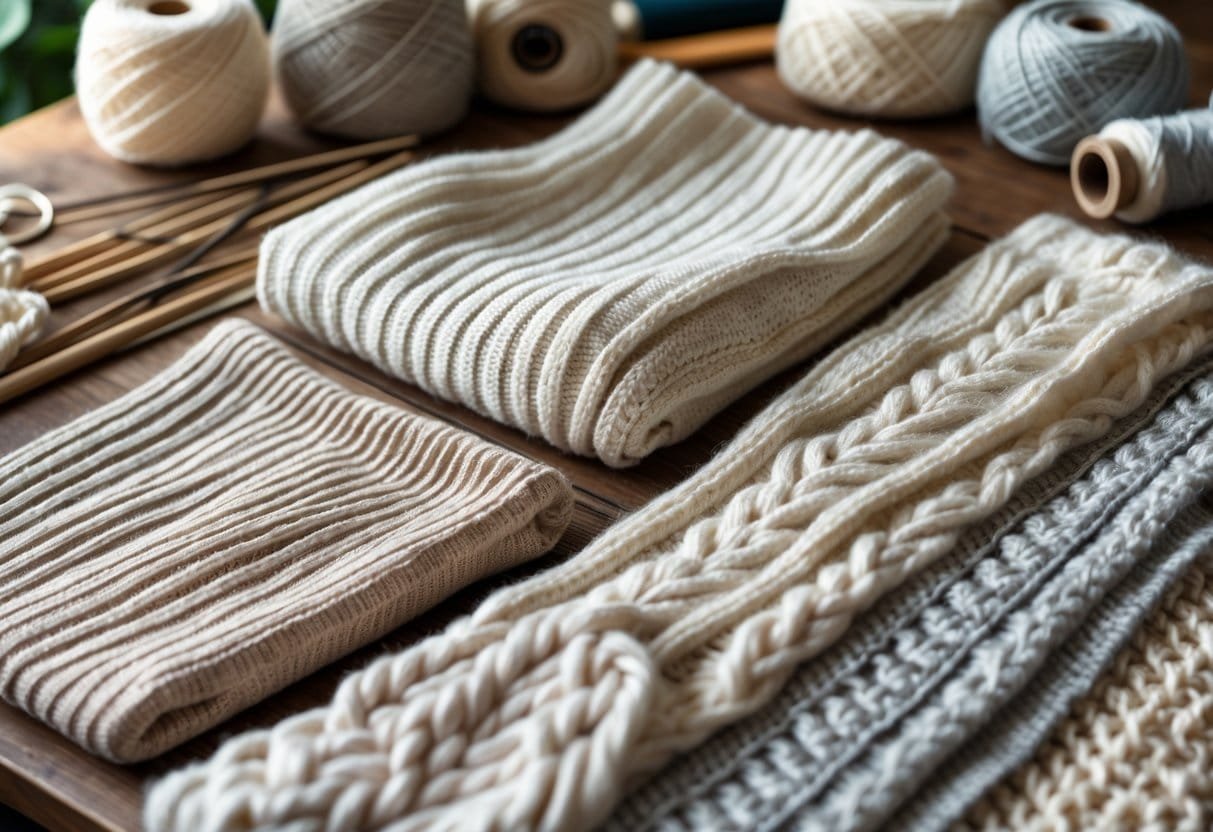 Close-up view of various knitted fabrics with knitting tools arranged on a wooden table.