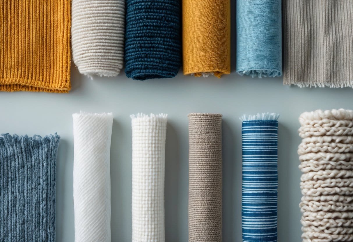 Close-up view of different fabric samples including knitted and woven types arranged side by side on a neutral background.