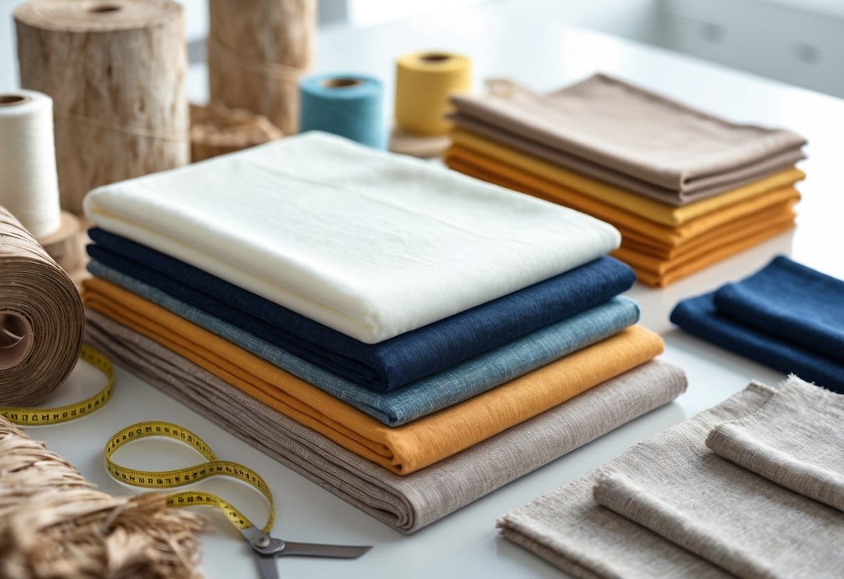 A collection of viscose fabric samples in various colors and textures displayed alongside natural raw materials and textile tools on a bright workspace.
