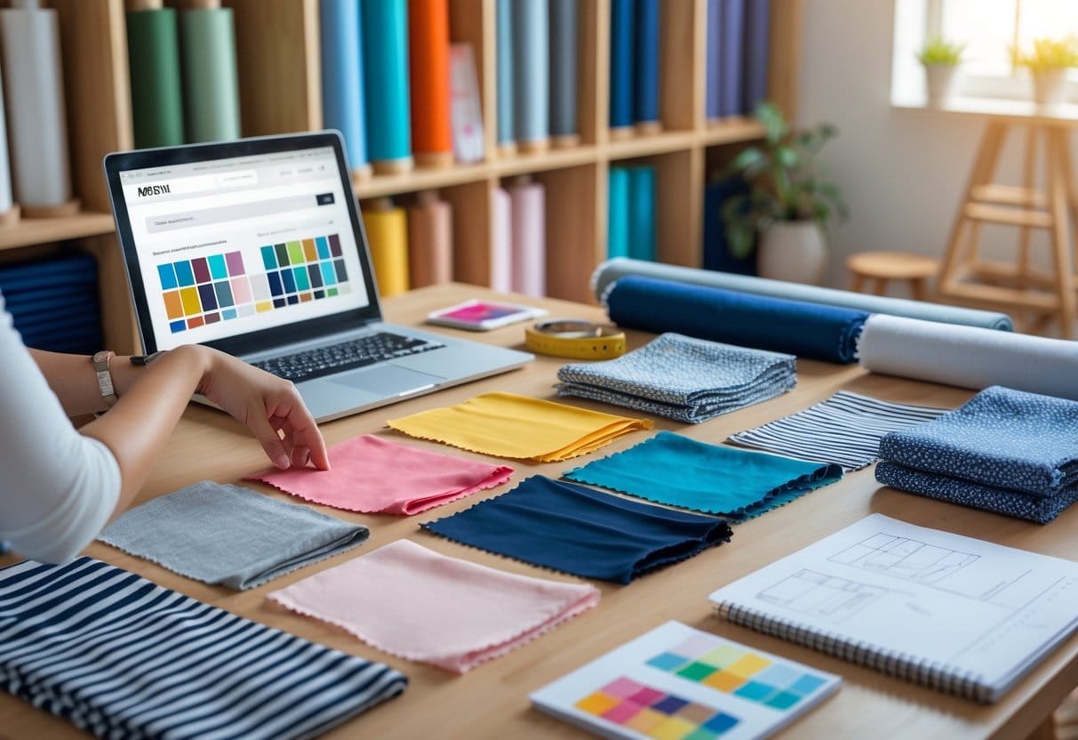 Hands examining fabric swatches on a table surrounded by fabric rolls, a laptop, and design tools in a workspace.
