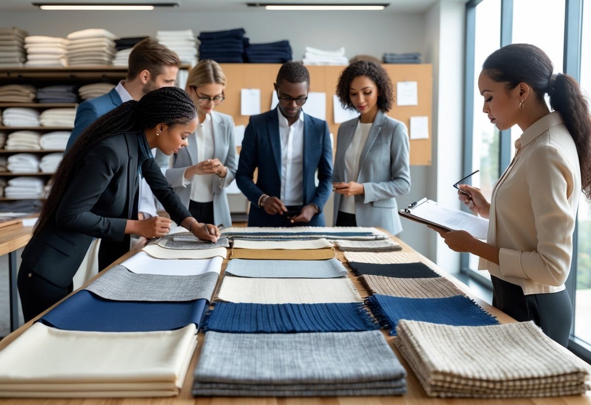 People examining fabric swatches on a table in a bright room with shelves of fabric bolts in the background.