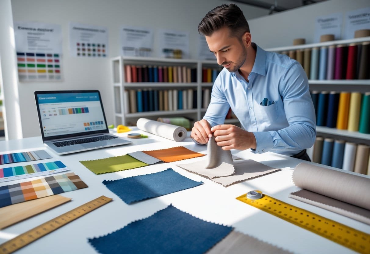 A person inspecting fabric samples on a table with various textiles and measuring tools in a textile factory or design studio.