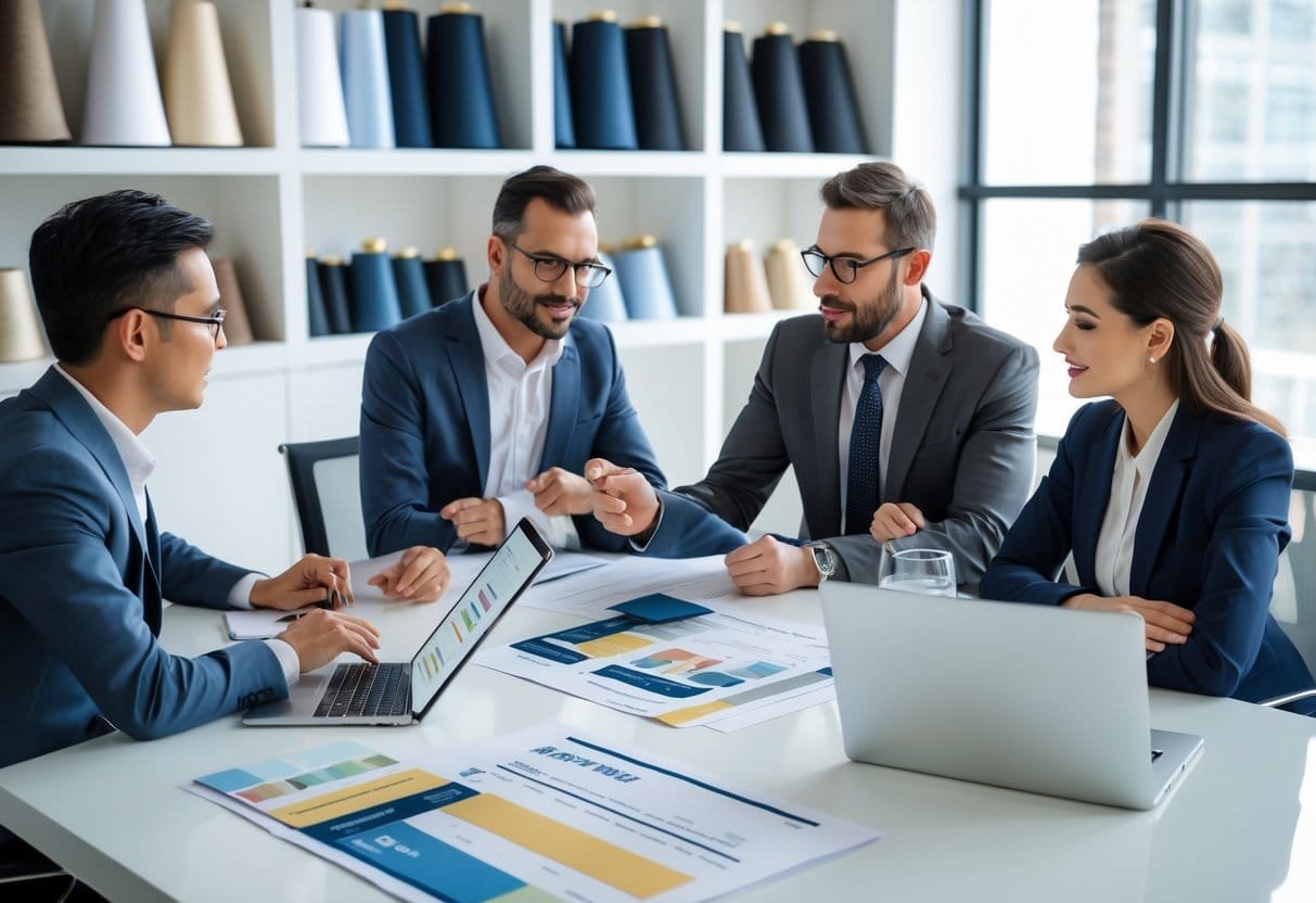 A group of professionals meeting around a table with fabric samples and laptops, discussing sourcing and negotiation strategies.
