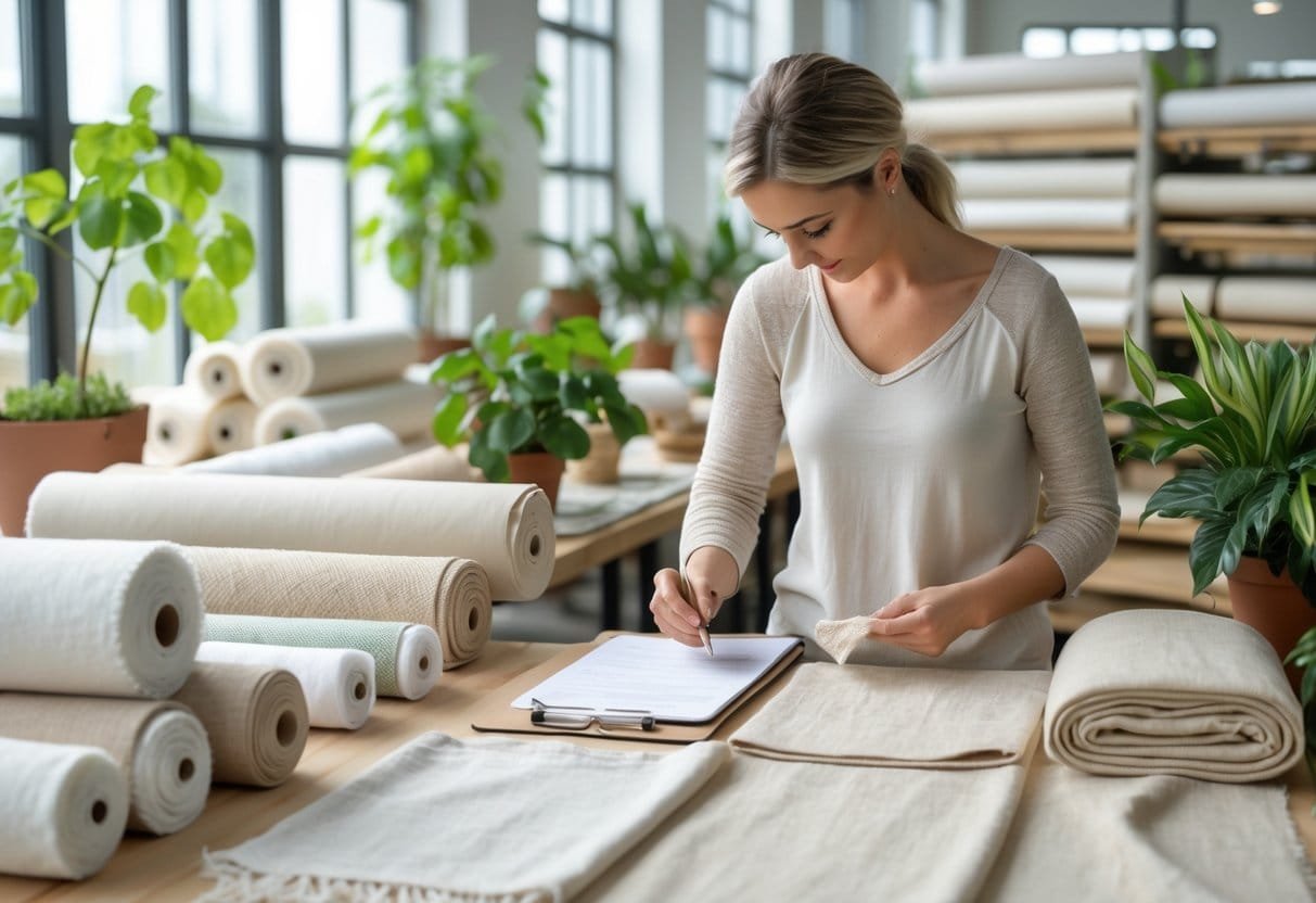Person examining organic fabric samples in a bright textile workshop with natural light and sustainable materials.