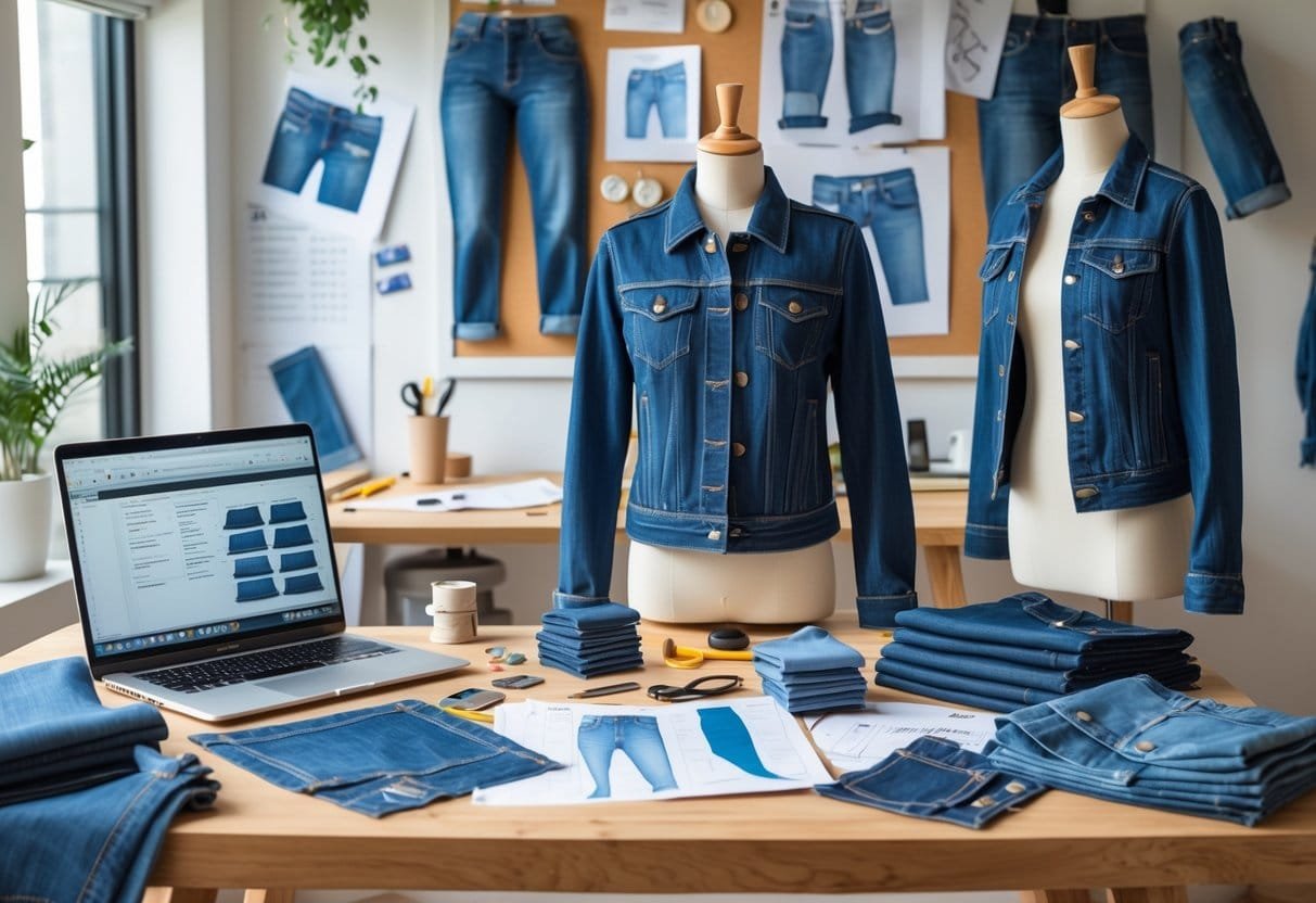 A fashion designer's workspace with denim fabric, sketches, sewing tools, a laptop, and a mannequin wearing an unfinished denim jacket.