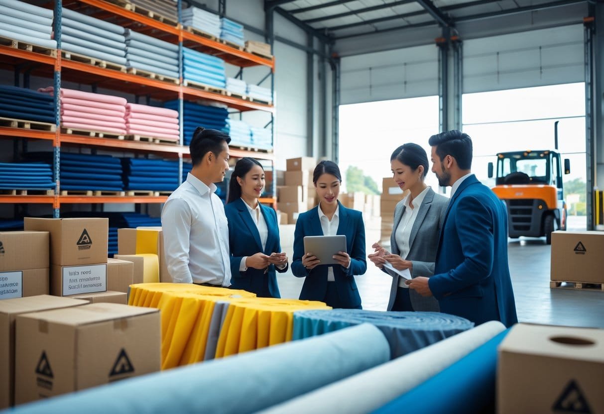 Warehouse scene with professionals examining fabric rolls and digital devices, surrounded by stacked fabrics, shipping boxes, and a delivery truck outside.