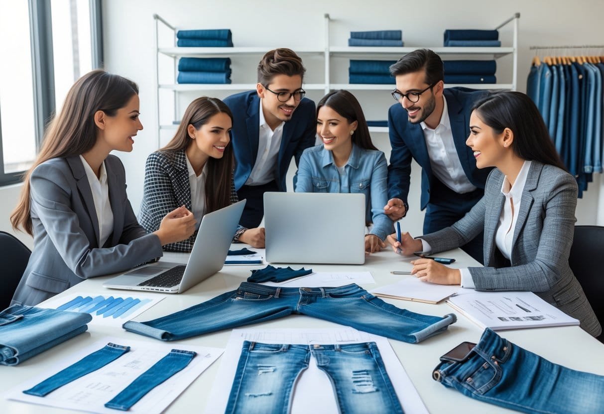 A group of people collaborating around a desk with denim design sketches, fabric samples, and a laptop in a bright office setting.