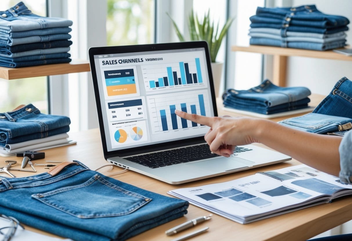A person working at a desk with a laptop, denim fabric swatches, and fashion sketches in a bright office setting.
