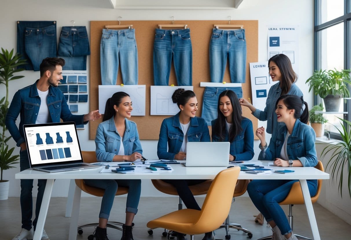 A group of young professionals collaborating around a desk with denim fabric samples, sketches, and a laptop in a bright office.