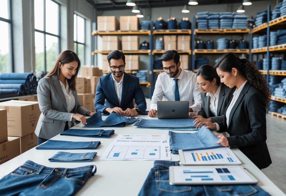 A group of people working together in a denim production and logistics workspace with fabric samples, laptops, and boxes.