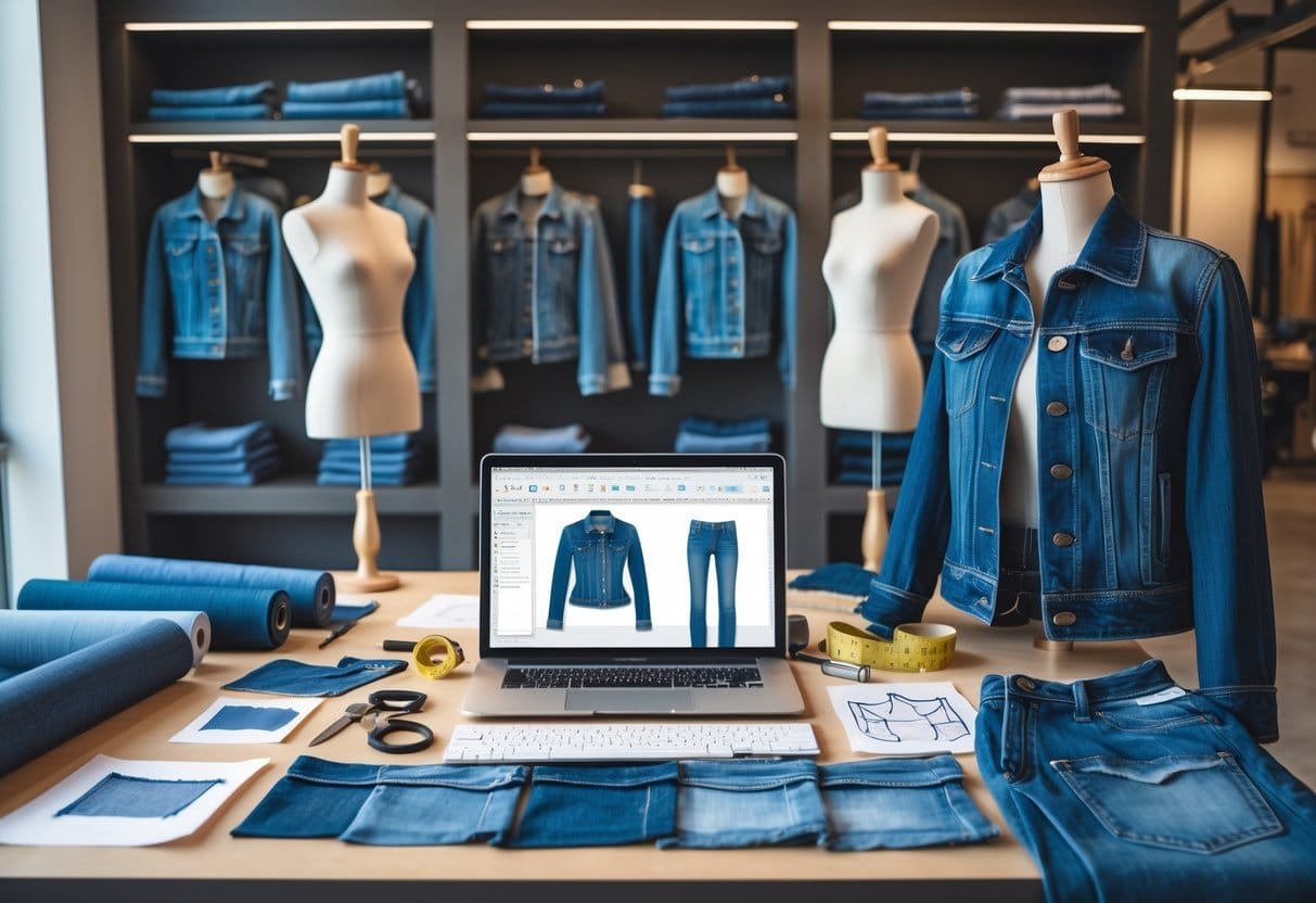 A workspace with denim fabric, sewing tools, clothing sketches, mannequins wearing denim clothes, and a laptop on a desk.