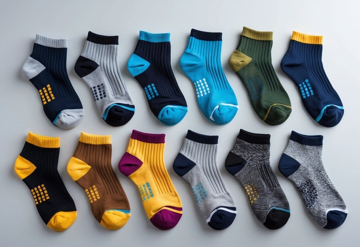 A collection of 14 different types of ankle socks arranged neatly on a plain background.