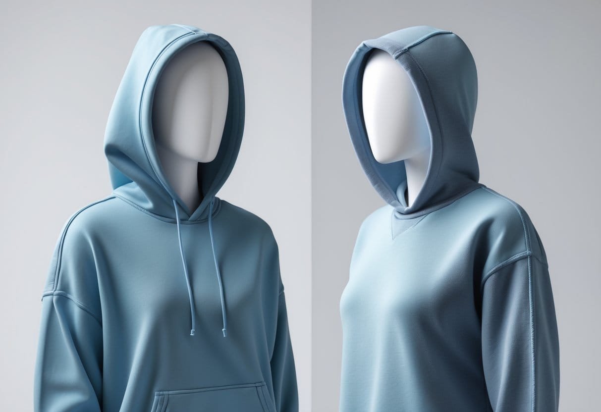 Two mannequins side by side, one wearing a hoodie and the other wearing a sweatshirt, displayed against a plain background.