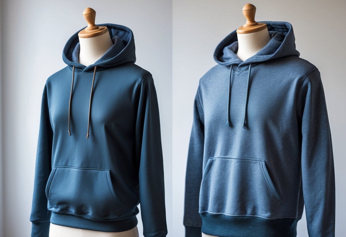 Two clothing items displayed side by side: a hoodie with a hood and a sweatshirt without a hood, shown on mannequins or models against a plain background.