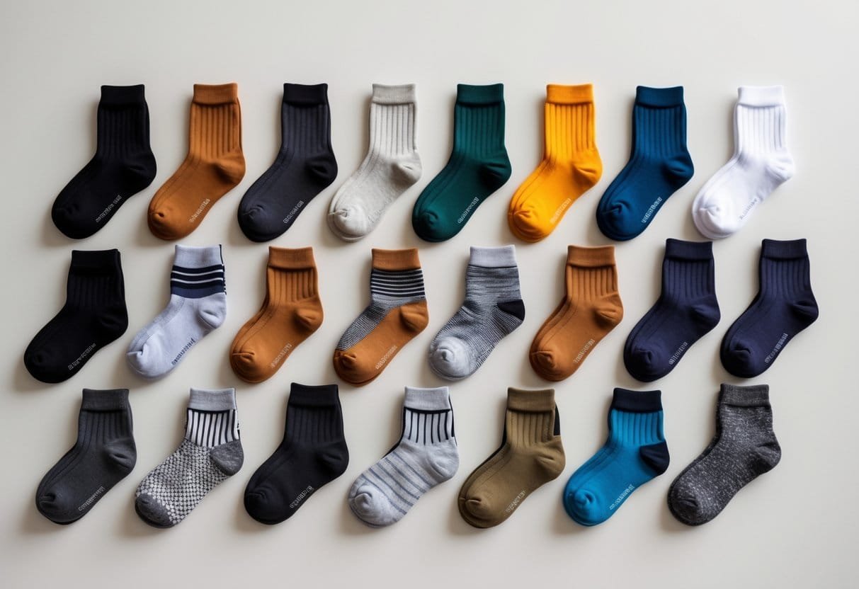 A collection of 14 different mid-calf socks arranged neatly on a plain background, showing various colors and patterns.