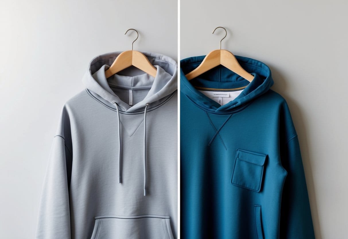 A hoodie and a sweatshirt hanging side by side on wooden hangers against a plain background.