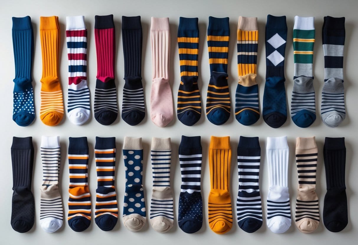 Fourteen pairs of knee-high socks in various colors and patterns arranged neatly on a plain background.