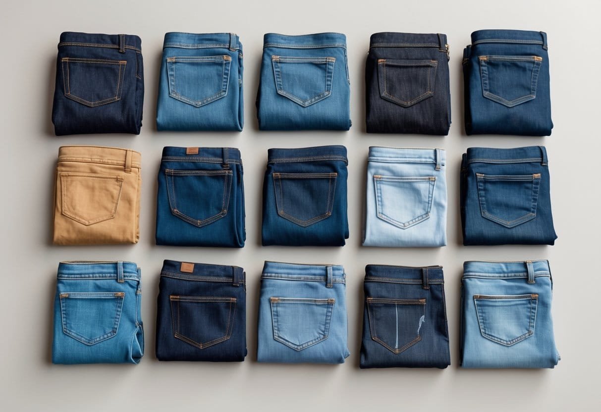 Fourteen square swatches of different jeans fabrics arranged neatly on a plain background, showing various colors and textures of denim materials.
