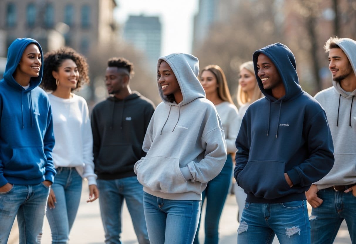 A group of young adults wearing sweatshirts and hoodies with denim jeans, standing together outdoors in a city setting.