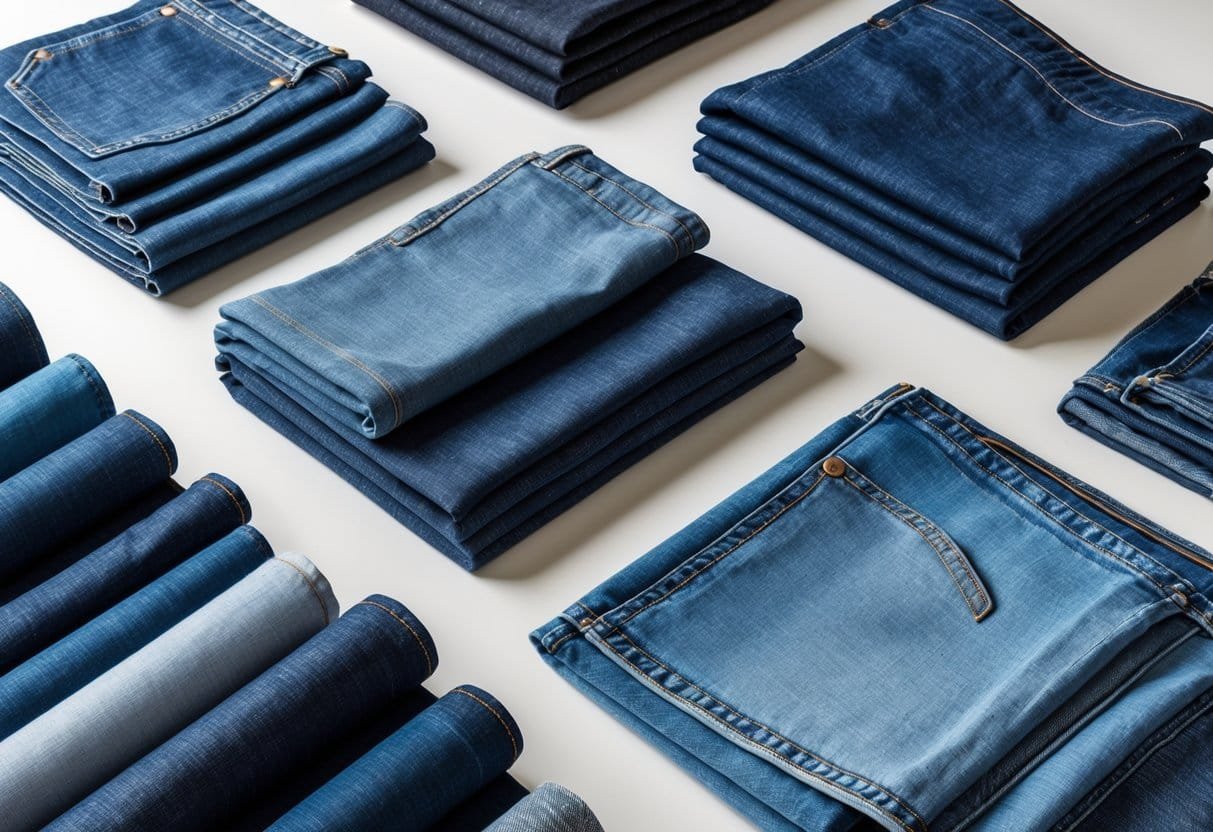 An assortment of different raw denim fabrics and swatches arranged on a neutral background.
