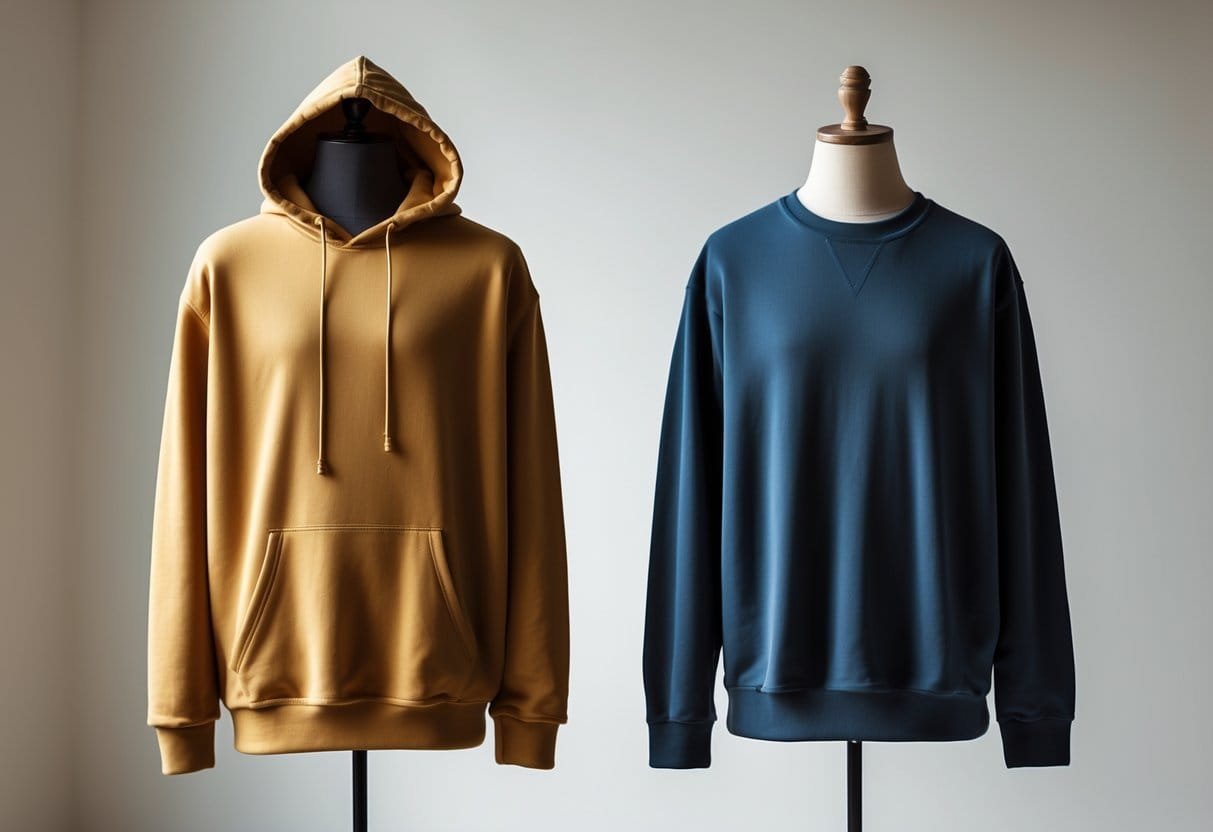 Two garments displayed side by side, one hoodie with a hood and drawstrings and one crew neck sweatshirt, on a neutral background.