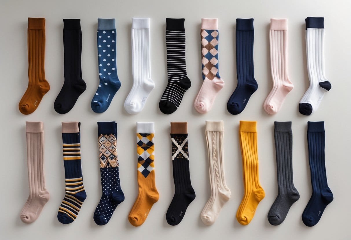 A collection of fourteen different thigh-high socks arranged neatly on a plain background, showing various colors and patterns.